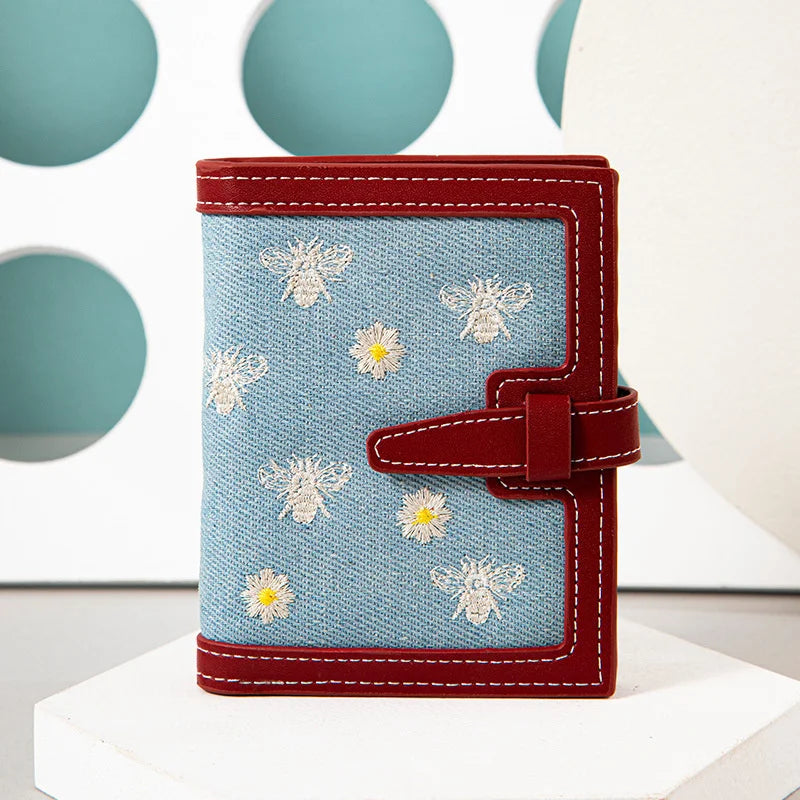 Embroidered Women's Short Wallet Draw Belt Card Slot Zero Wallet