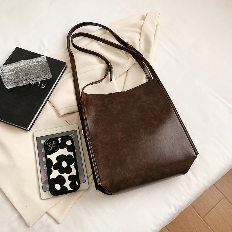 Vintage Solid Briefcase Leather Women's Shoulder Bag