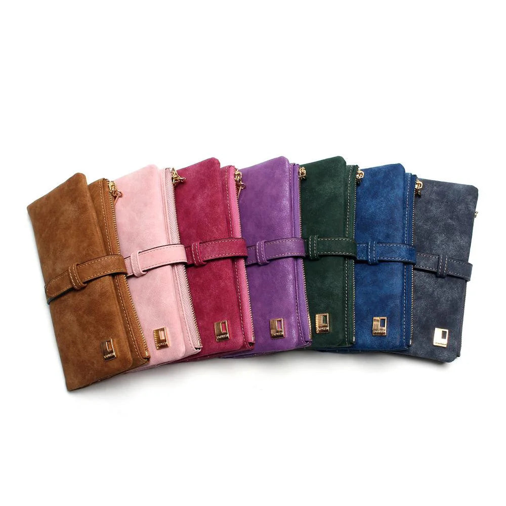 Nubuck Leather Zipper Wallet Women's Long Purse Fold Clutch