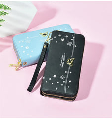 Women's Star Print Long Clutch Bag with Double Zipper and Hand Strap
