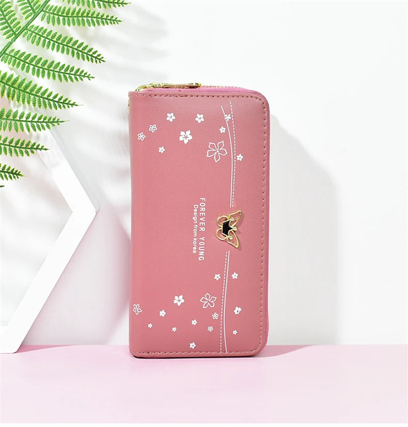 Women's Star Print Long Clutch Bag with Double Zipper and Hand Strap