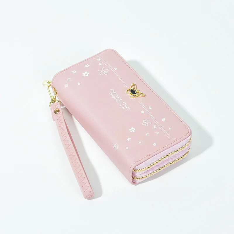 Women's Star Print Long Clutch Bag with Double Zipper and Hand Strap