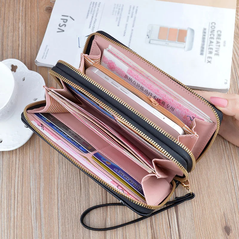 Women's Splicing Long Clutch Wallet Double Zipper Hand Strap Bag