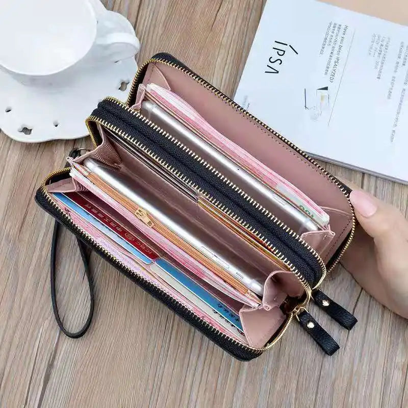 Women's Long Clutch Bag with Double Zipper Hand Strap - Star Design