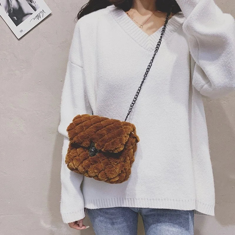 Plush Crossbody Messenger Bag Soft Faux Fur Small Purse