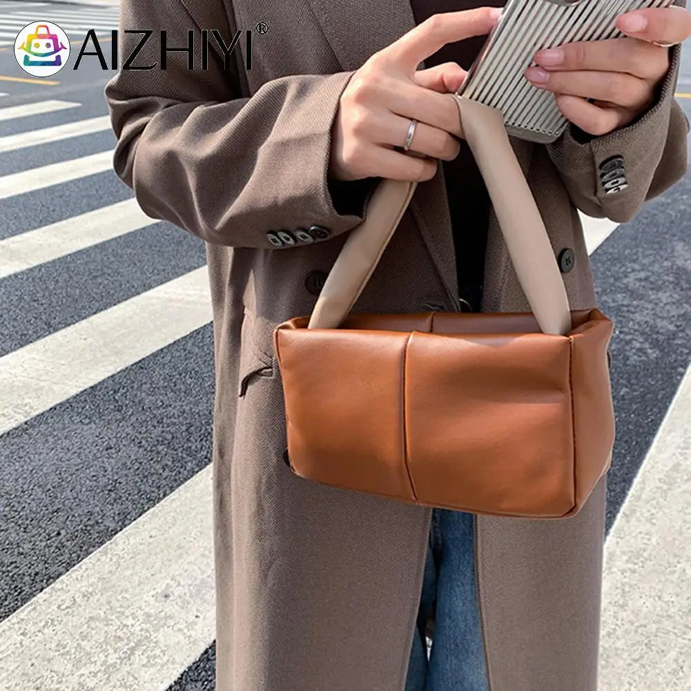 Plaid Cotton Padded Handbags Soft PU Leather Top-handle Bags