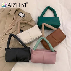 Plaid Cotton Padded Handbags Soft PU Leather Top-handle Bags