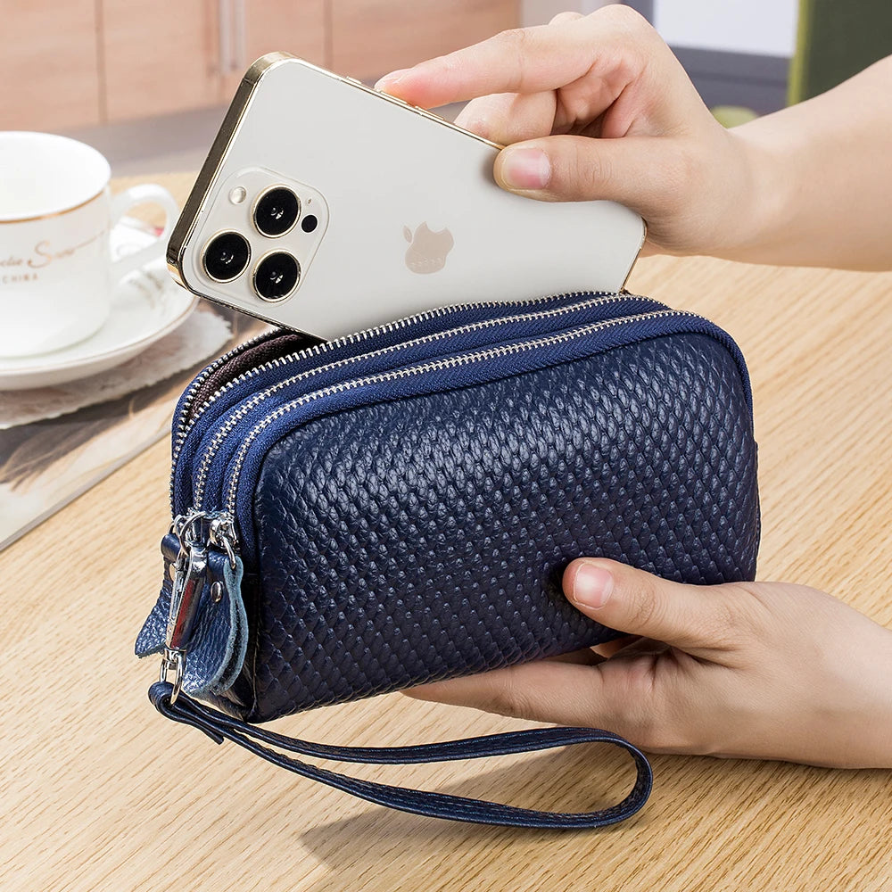 Cowhide Leather Triple Zipper Wallet with Waist Strap Clutch
