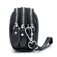 Cowhide Leather Triple Zipper Wallet with Waist Strap Clutch