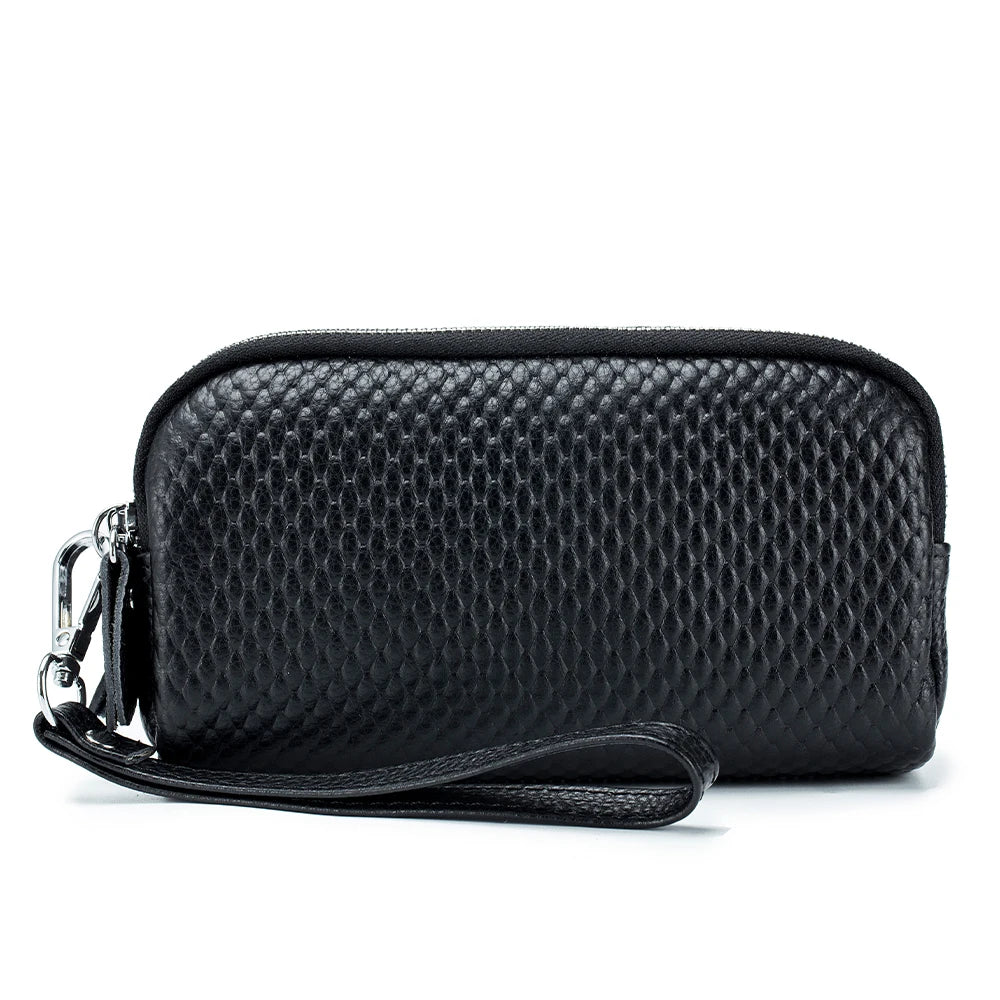 Cowhide Leather Triple Zipper Wallet with Waist Strap Clutch