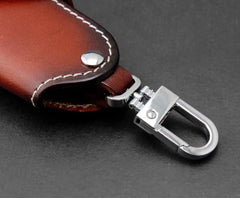 Red Brown Cowhide Leather Car Key Holder Case for Women