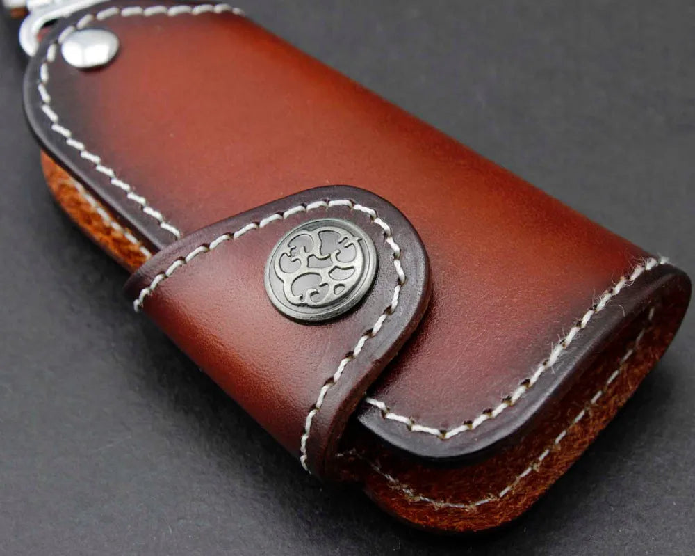 Red Brown Cowhide Leather Car Key Holder Case for Women