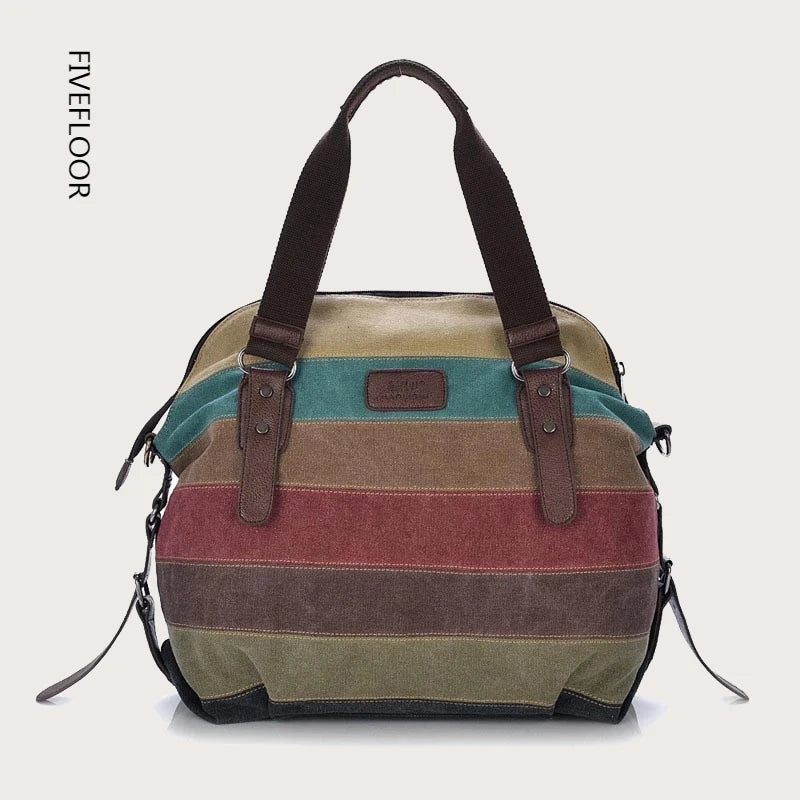 Canvas Totes Striped Patchwork Rainbow Shoulder Bag Casual Crossbody Bag
