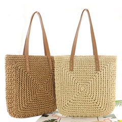 Retro Handbag Solid Summer Beach Bag Zipper Rattan Woven Straw Totes