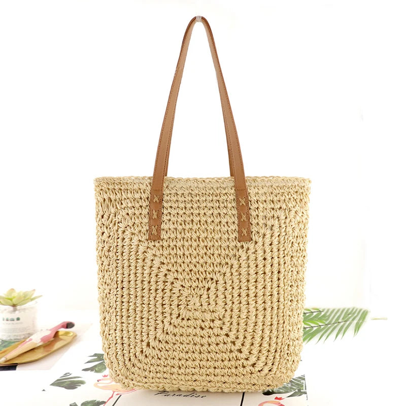 Womens Retro Handbag Straw Woven Beach Bag Large Capacity
