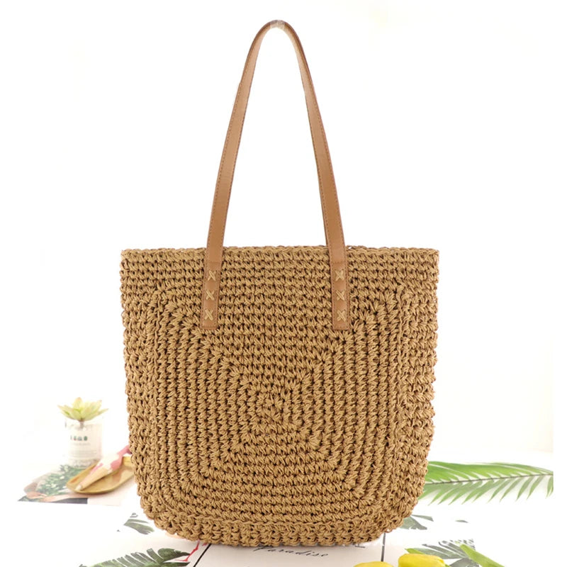 Womens Retro Handbag Straw Woven Beach Bag Large Capacity