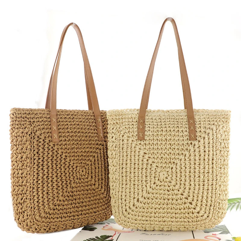 Womens Retro Handbag Straw Woven Beach Bag Large Capacity