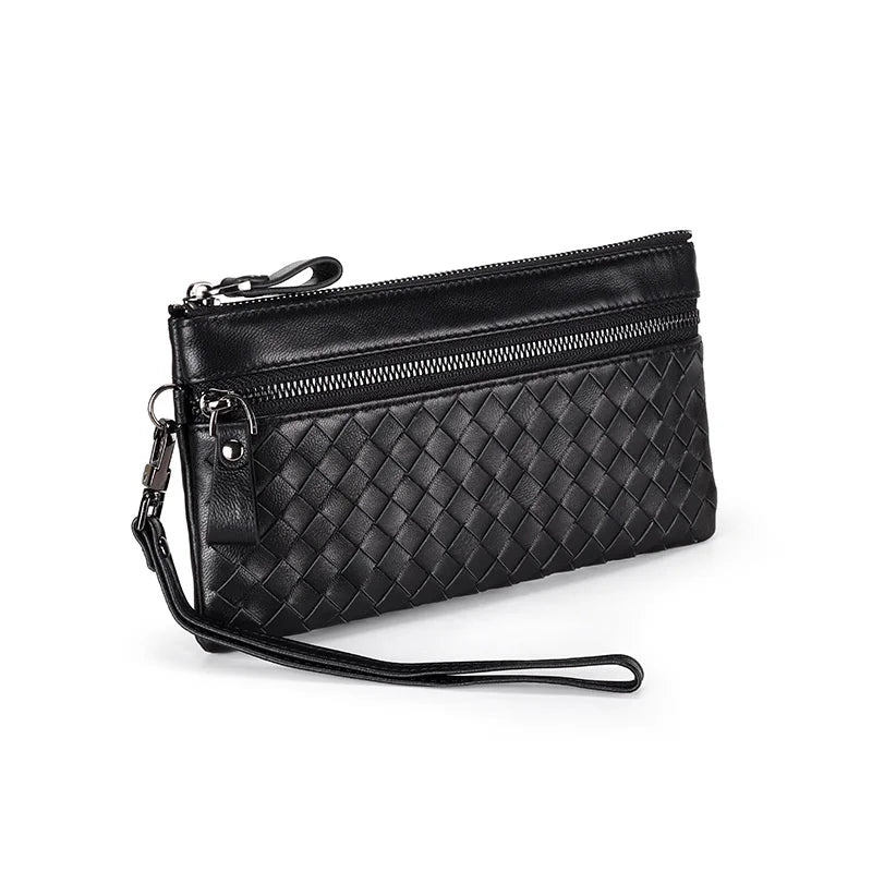Women's Woven Sheepskin Clutch Wallet Cow Leather RFID Mobile Phone Purse