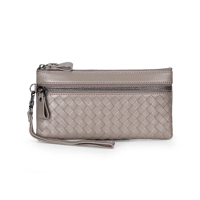 Women's Woven Sheepskin Clutch Wallet Cow Leather RFID Mobile Phone Purse