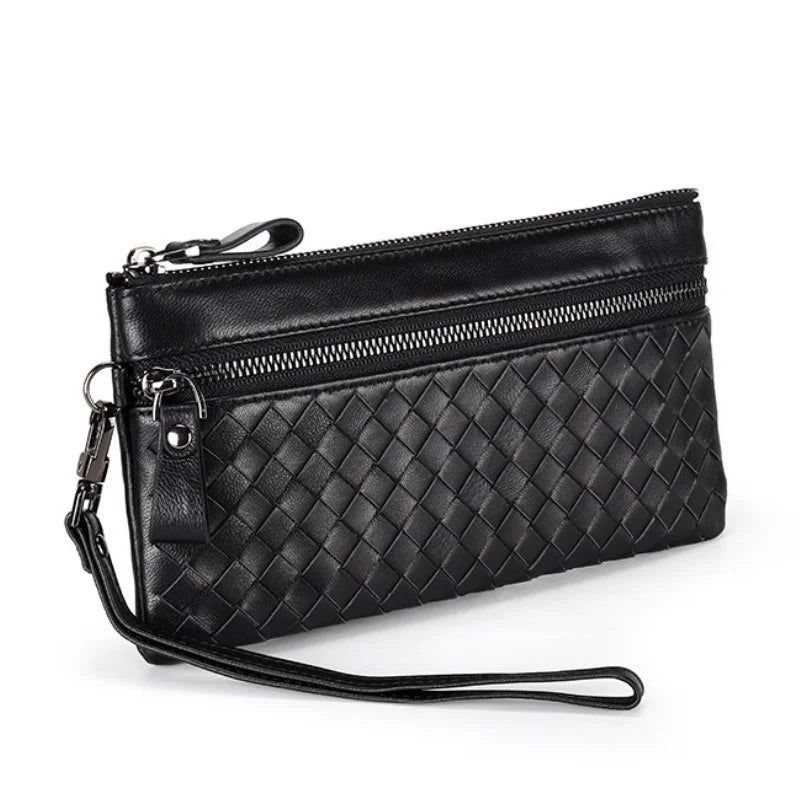 Women's Woven Sheepskin Clutch Wallet Cow Leather RFID Mobile Phone Purse