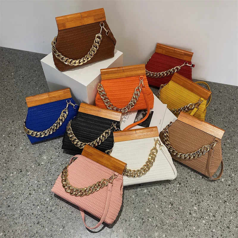 Wooden Buckle Clutch Shoulder Bag Chain Crossbody Bag