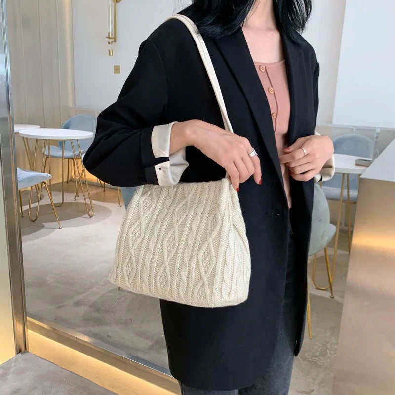 Striped Wool Knitted Shoulder Bag Bucket Tote Handbag