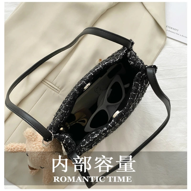 Wool Woven Bucket Handbag Women Sequined Bling Bling Shoulder Bags