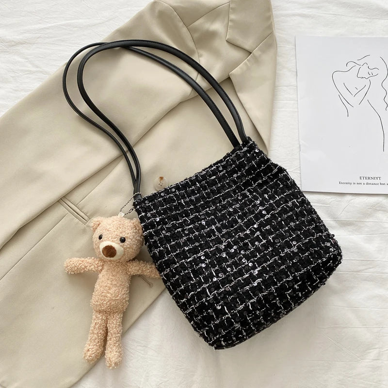 Wool Woven Bucket Handbag Women Sequined Bling Bling Shoulder Bags