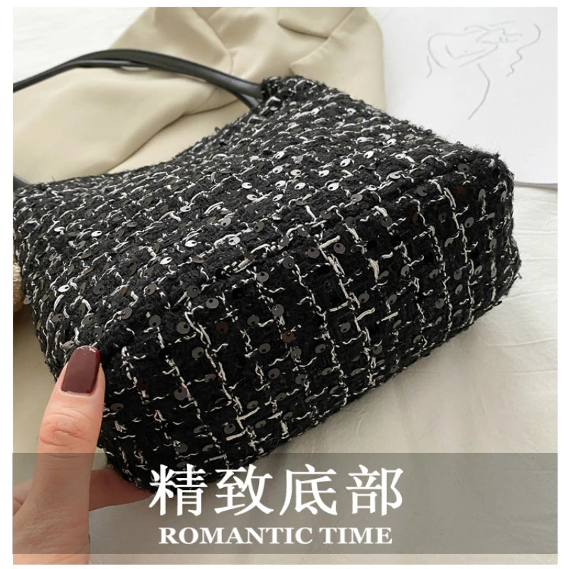 Wool Woven Bucket Handbag Women Sequined Bling Bling Shoulder Bags