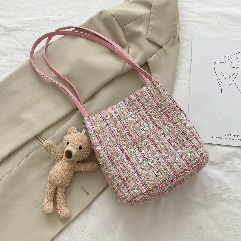 Wool Woven Bucket Handbag Women Sequined Bling Bling Shoulder Bags
