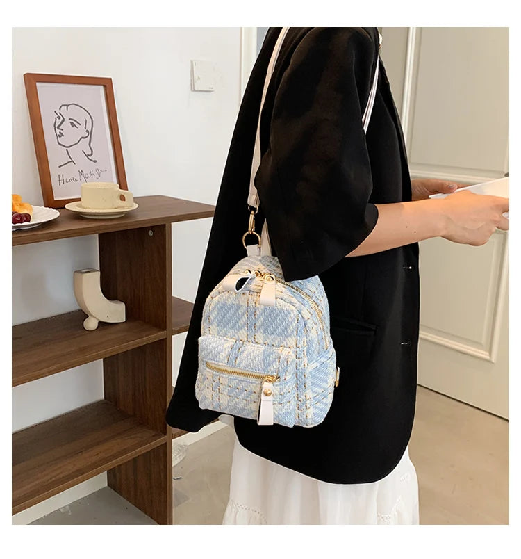 Wool Plaid Women Backpack Small Multifunction Shoulder Bags Lady Back Pack