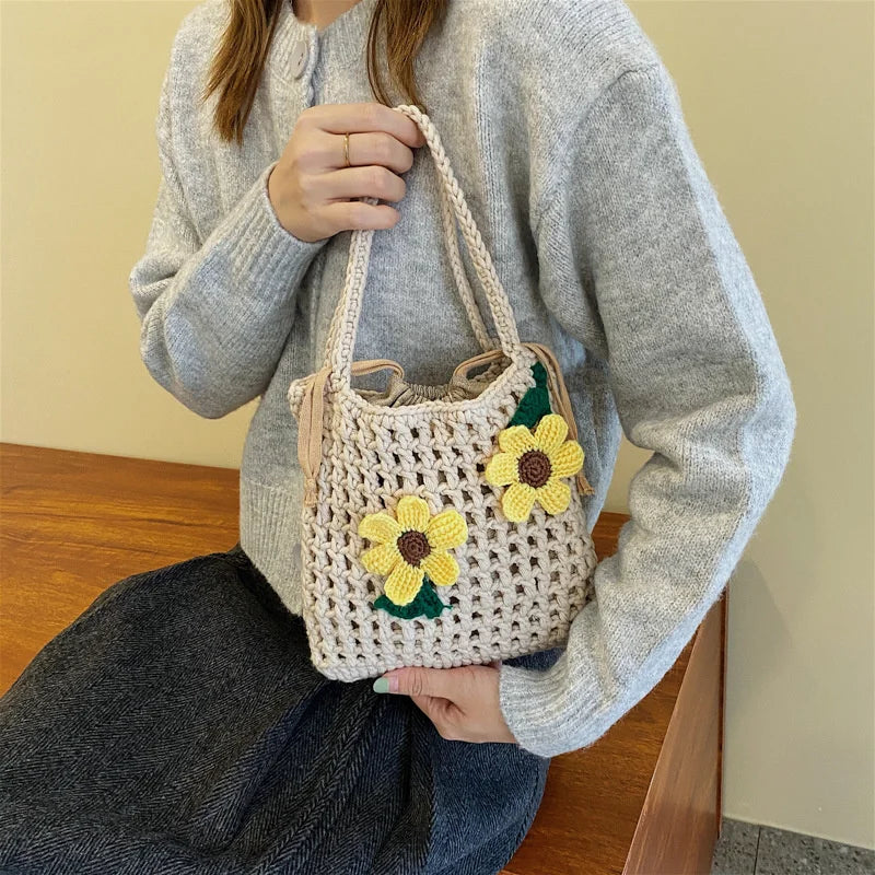 Wool Woven Bag Handbag Lovely Flower Women's Bag Knitted Shoulder Bag
