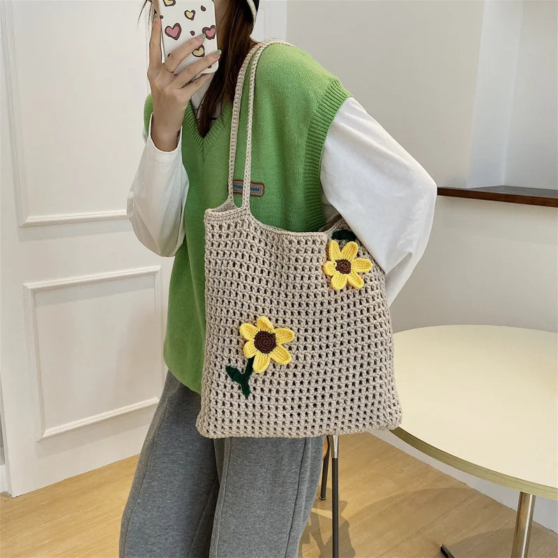 Wool Woven Bag Handbag Lovely Flower Women's Bag Knitted Shoulder Bag