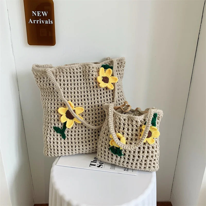 Wool Woven Bag Handbag Lovely Flower Women's Bag Knitted Shoulder Bag