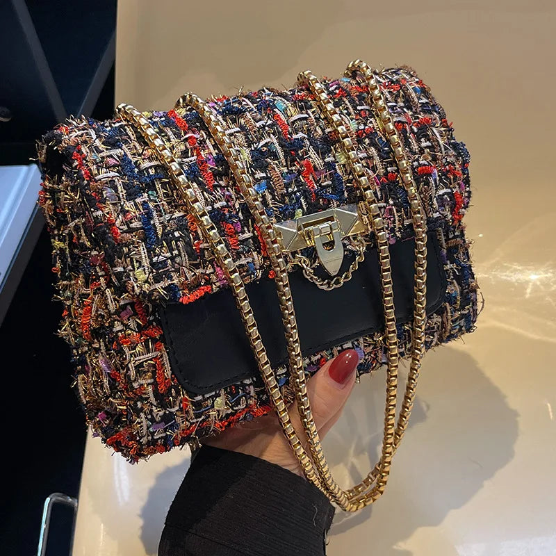 Woolen Crossbody Bags Rivet Lock Shoulder Bags For Women Small Square Handbag
