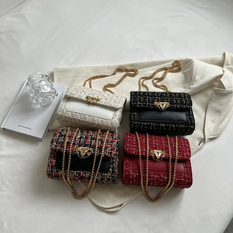 Woolen Crossbody Bags Rivet Lock Shoulder Bags For Women Small Square Handbag
