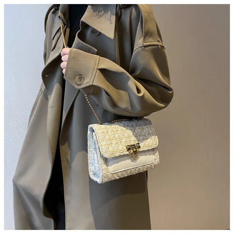 Woolen Crossbody Bags Rivet Lock Shoulder Bags For Women Small Square Handbag