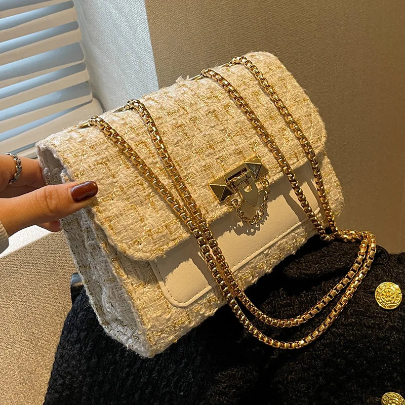 Woolen Crossbody Bags Rivet Lock Shoulder Bags For Women Small Square Handbag