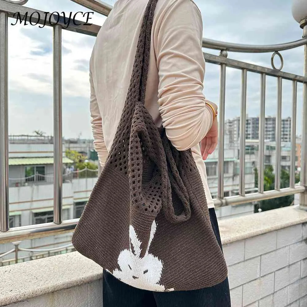 Woven Beach Travel Handbag Large Capacity Cartoon Rabbit Grocery Bag