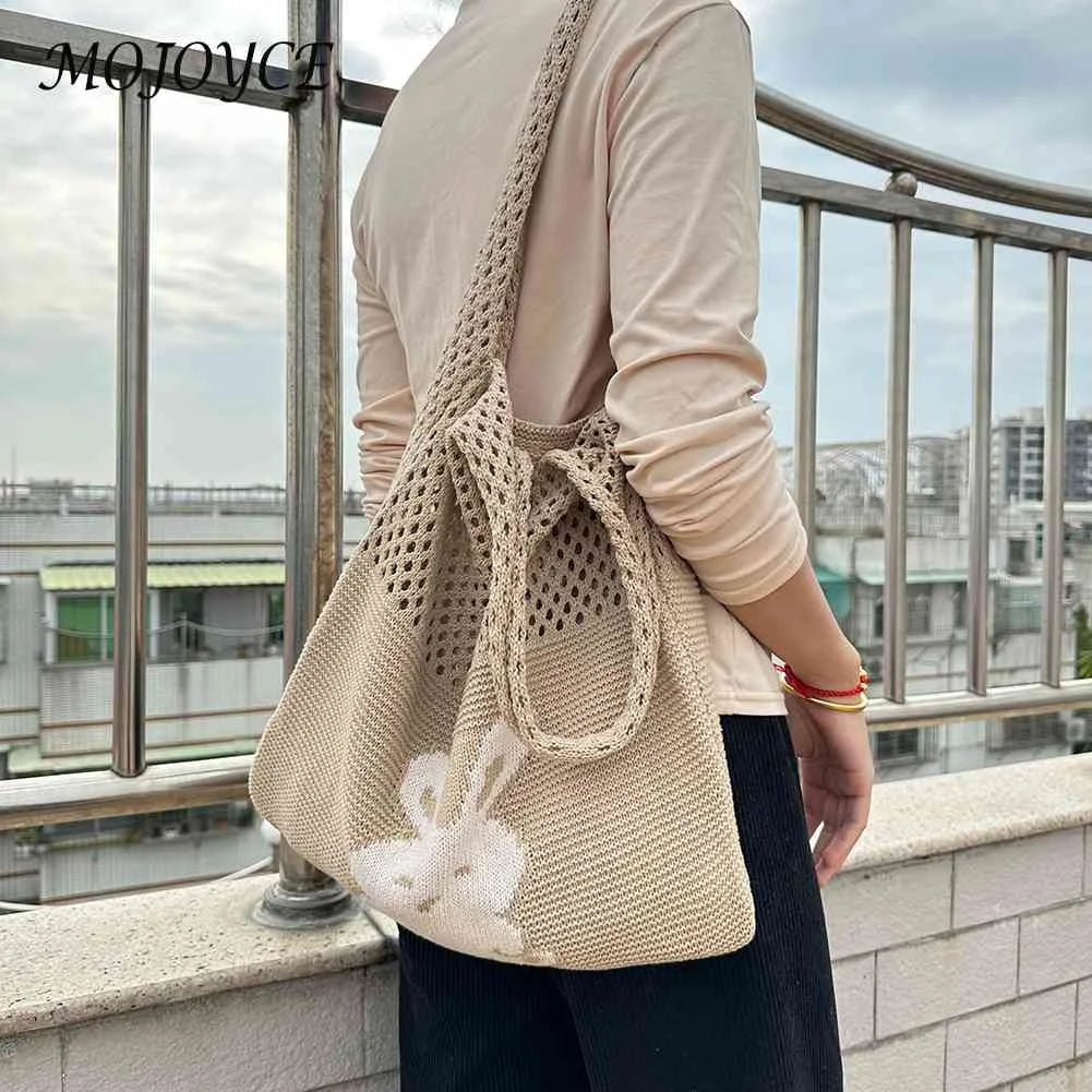 Woven Beach Travel Handbag Large Capacity Cartoon Rabbit Grocery Bag