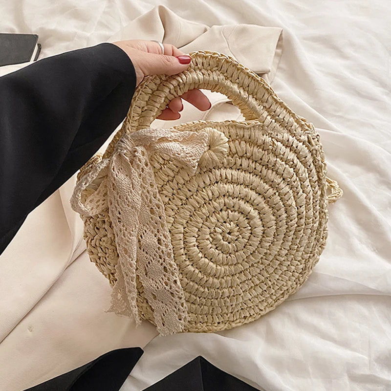 Straw Round Crossbody Bag for Women Woven Bow Decors Summer Beach Purse