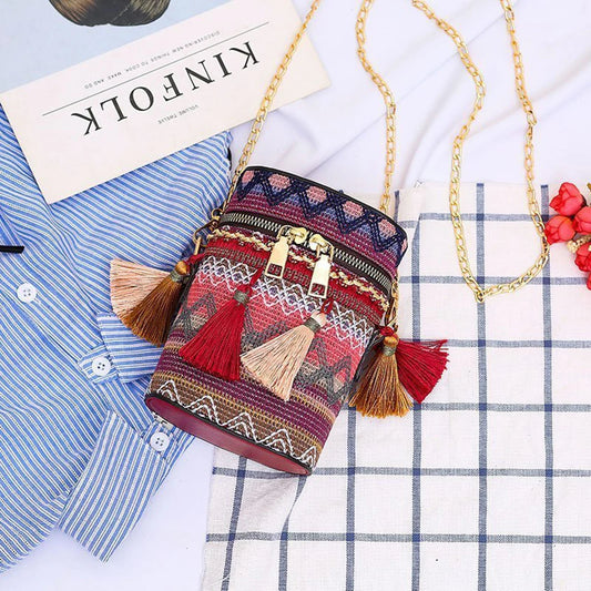 Ethnic Style Woven Bucket Shoulder Bag with Tassel Chain