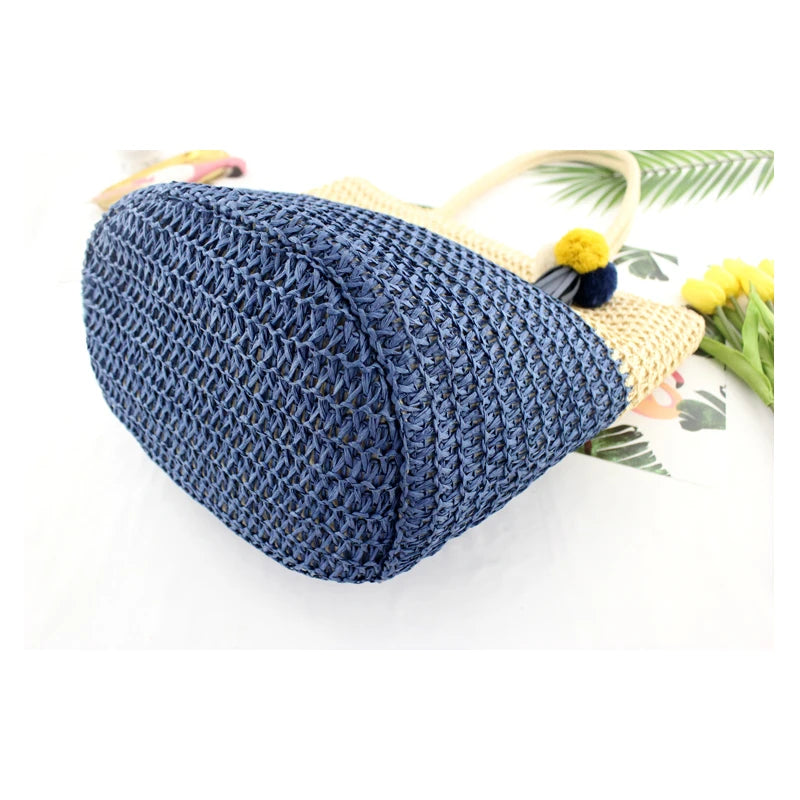 Large-capacity Straw Beach Bag with Hanging Ball, Shoulder Handbag