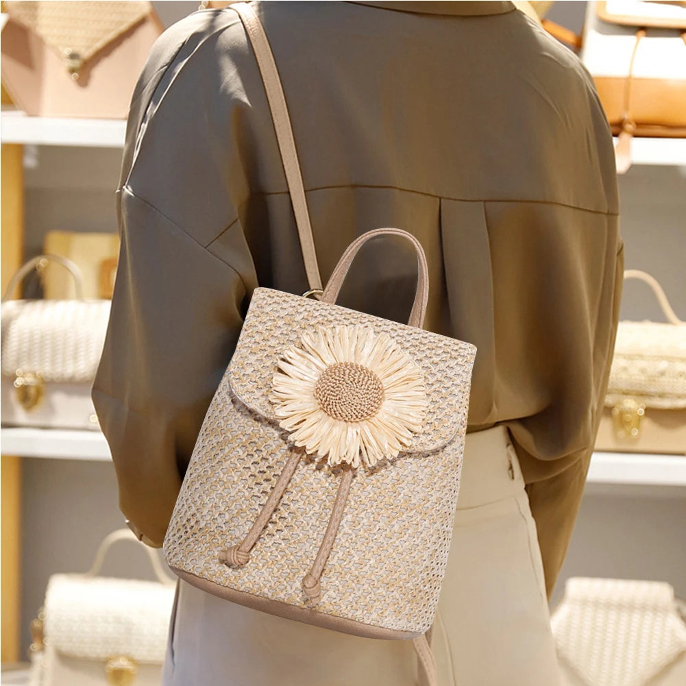 Woven Straw Women Shoulder Backpack Bag Female Holiday Schoolbag Handbags