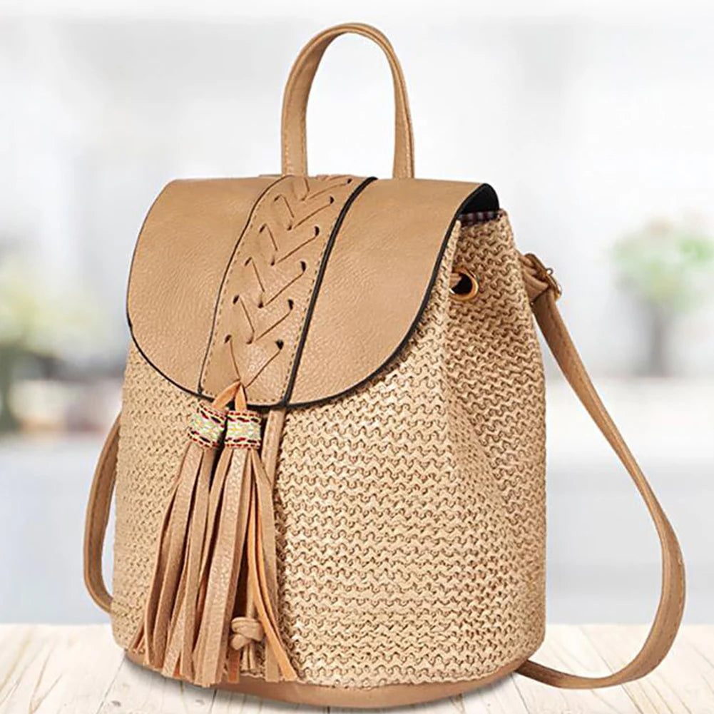 Straw Women Shoulder Backpack Bag Schoolbag Handbags for Outdoor Travel
