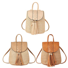 Straw Women Shoulder Backpack Bag Schoolbag Handbags for Outdoor Travel
