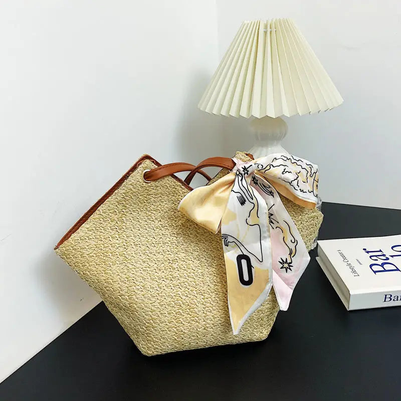 Summer Straw Rattan Beach Tote Bag Ribbon Shoulder Crossbody Satchel