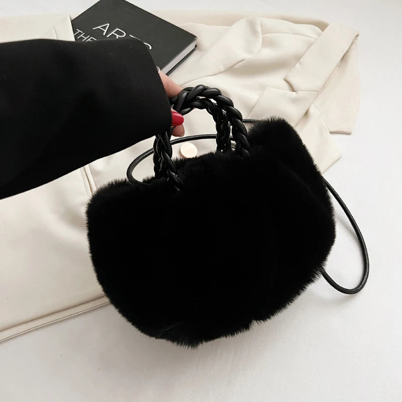 Women's Faux Fur Tote Bag with Woven Handle - Winter Shoulder Side Bag
