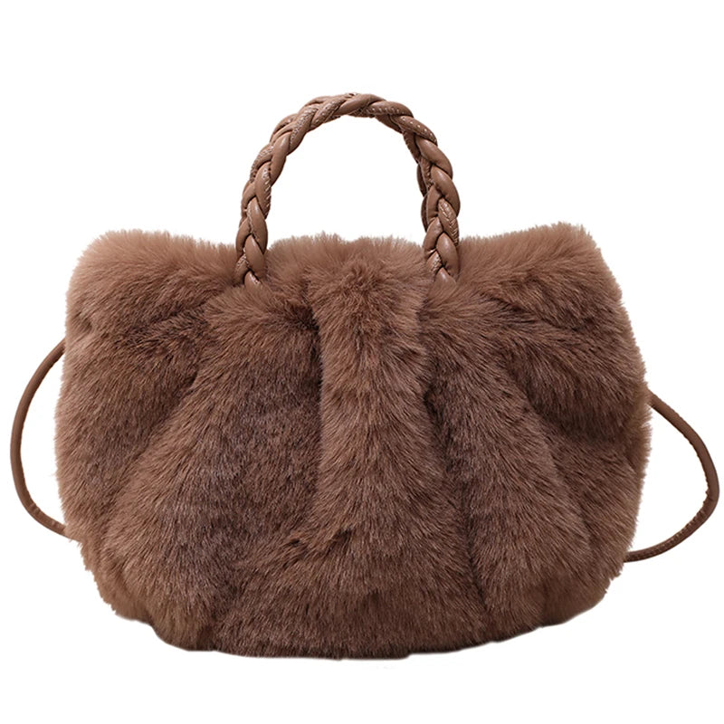 Women's Faux Fur Tote Bag with Woven Handle - Winter Shoulder Side Bag