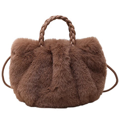 Women's Faux Fur Tote Bag with Woven Handle - Winter Shoulder Side Bag